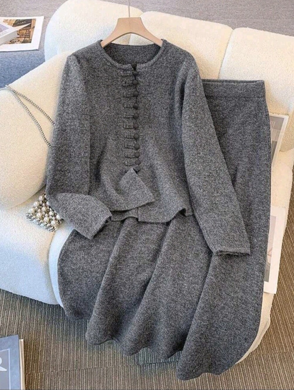 Knitted Front Button Drawstring Casual Elegant High-End Sweater And Skirt